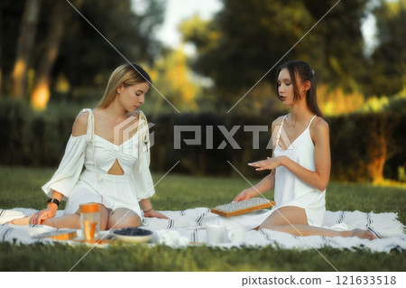 Friends enjoying a picnic on a sunny day in a beautiful park setting Friends enjoying a picnic on a sunny day in a beautiful park setting 121633518