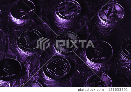 Bitcoin with purple light. The rise and fall of cryptocurrency. The world crisis. Bitcoin with purple light. The rise and fall of cryptocurrency. The world crisis. 121633591