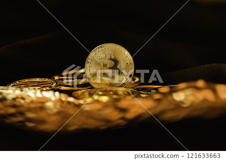 Bitcoin on a dark background. The fall in the currency market. 121633663
