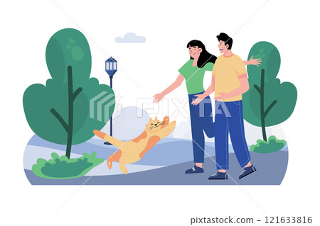 Couple Walking With Cat In Park Couple Walking With Cat In Park 121633816