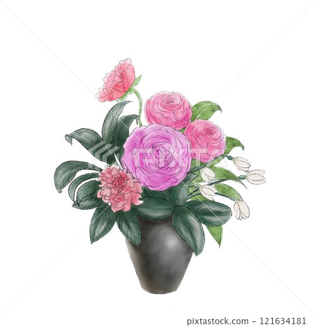 花瓶裡的粉紅色毛茛屬植物,花瓶裡的粉紅色毛茛和白色雪花蓮 花瓶裡的粉紅色毛茛屬植物,花瓶裡的粉紅色毛茛和白色雪花蓮 121634181