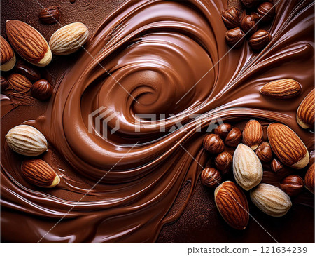 Valentine's Day background with melting chocolate and nuts (AI generated) 121634239
