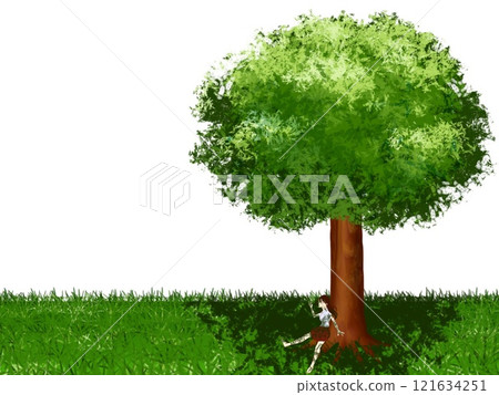 一個穿著水手服的女孩在樹蔭下休息 121634251