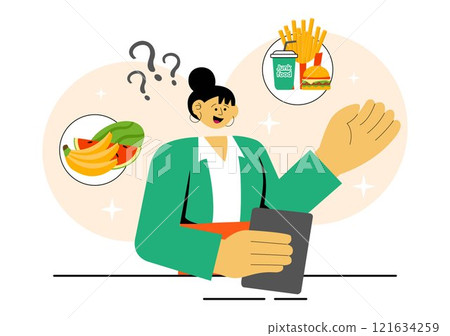 People Choosing Between Healthy and Unhealthy Food Vector Illustration Featuring a Comparison of Fast Food and Balanced Menus for a Healthy Lifestyle 121634259