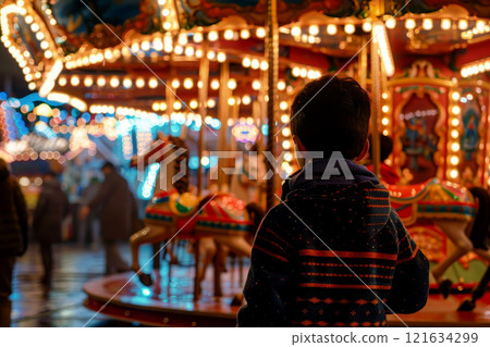 boy stand on carousel with wooden horses in an amusement park . ai generative 121634299