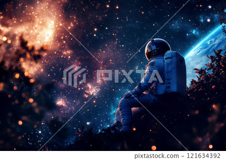 Outer space view with an astronaut and Earth visible Outer space view with an astronaut and Earth visible 121634392