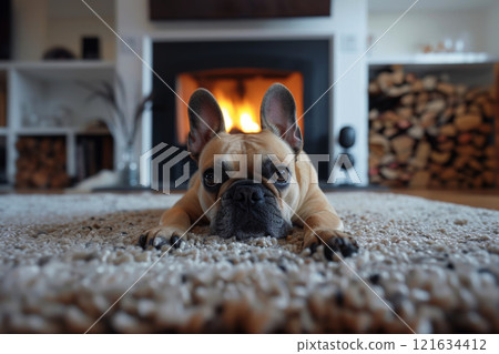 a French bulldog on the carpet in front of the fireplace .AI generative 121634412