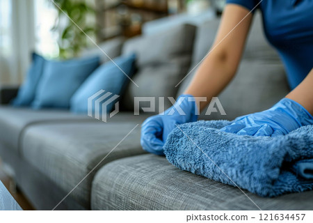 woman hand in blue glove cleaning sofa. 121634457