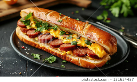 a sandwich with sausage patty, egg, and cheese on a plate 121634487