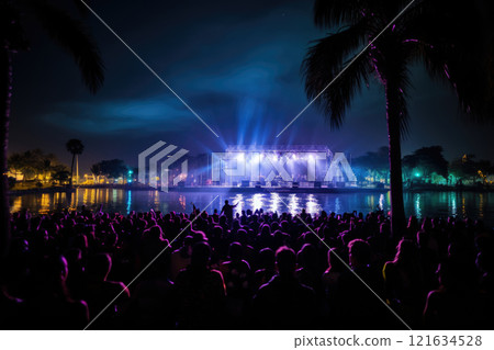 cheering crowd at concert in front of bright lights on beach . AI generative 121634528