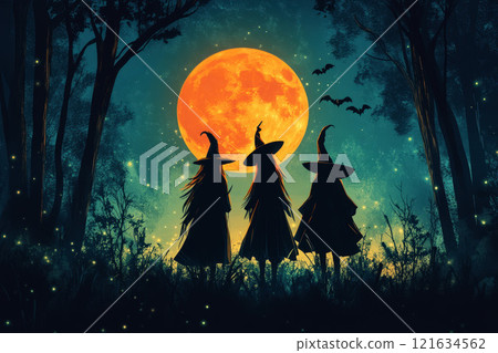 witch standing in a filed of full moon night. 121634562
