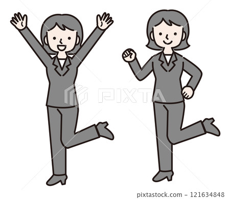 A smiling woman in a pantsuit with one leg raised (whole body): Enthusiastic, happy, illustration material: A smiling woman in a pantsuit with one leg raised (whole body): Enthusiastic, happy, illustration material: 121634848