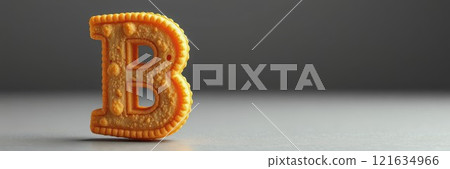 Orange cookie shaped like the letter B on a gray surface amid a simple backdrop 121634966