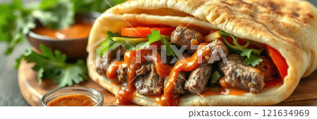 Tasty beef wrap with fresh vegetables and spicy sauce on a wooden board 121634969