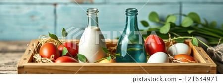 Fresh ingredients in a wooden crate with colorful eggs and bottles of milk Fresh ingredients in a wooden crate with colorful eggs and bottles of milk 121634971