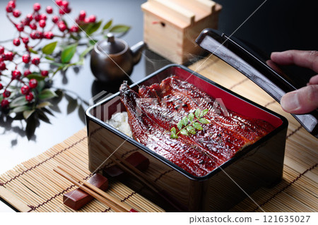 Grilled eel, plump and glossy domestic eel on rice 121635027