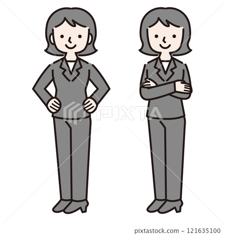 Arms folded, hands on hips: Confident woman in pantsuit (full body) illustration Arms folded, hands on hips: Confident woman in pantsuit (full body) illustration 121635100