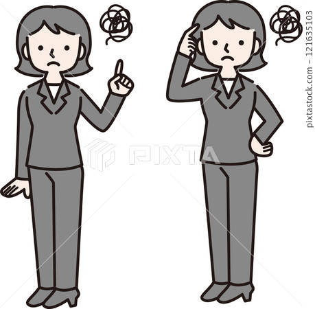 Illustration of a woman in a pantsuit thinking with a troubled face (full body) Illustration of a woman in a pantsuit thinking with a troubled face (full body) 121635103