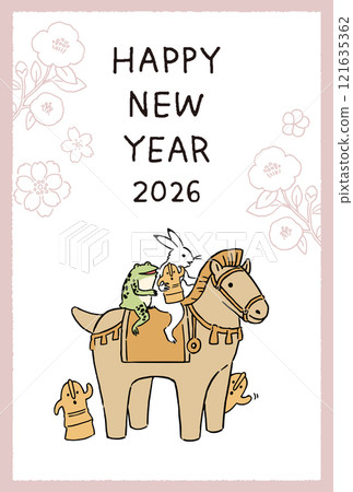 2026 New Year's card - Choju-giga - Illustration of a rabbit and a frog playing on a horse-shaped clay figurine 2026 New Year's card - Choju-giga - Illustration of a rabbit and a frog playing on a horse-shaped clay figurine 121635362