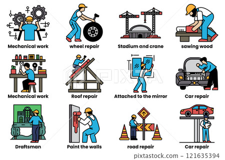 The image is a collection of different types of workers, including car mechanics 121635394