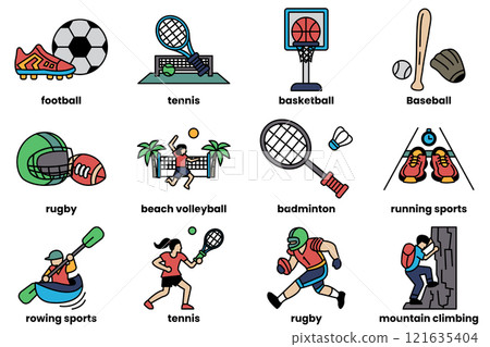 A set of sports icons, including soccer, tennis, basketball, baseball, and more 121635404