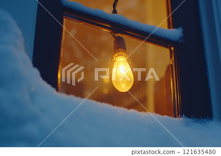 With holiday decorations on the frosted window, the warm lights glowing inside create a cozy 121635480
