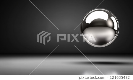A futuristic silver metallic sphere hovers in mid-air against a solid black background 121635482