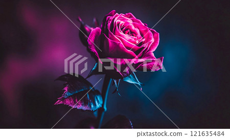 Against a solid black backdrop, the glowing neon pink rose stands alone, evoking a dark floral 121635484