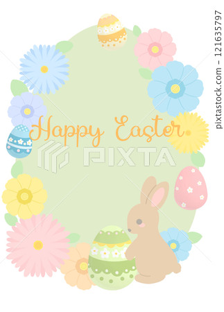 Easter illustration with Easter eggs, rabbits and flowers Easter illustration with Easter eggs, rabbits and flowers 121635797