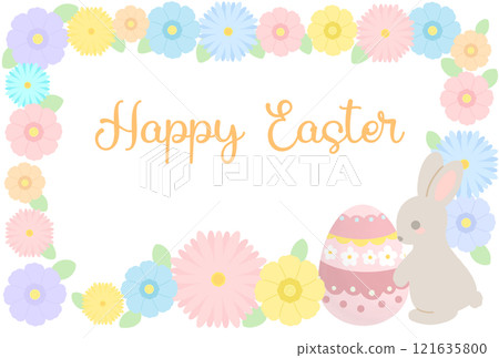 復活節插圖與復活節彩蛋、兔子和鮮花 121635800