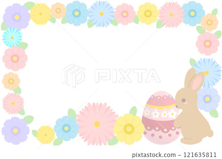 Easter illustration with Easter eggs, rabbits and flowers 121635811