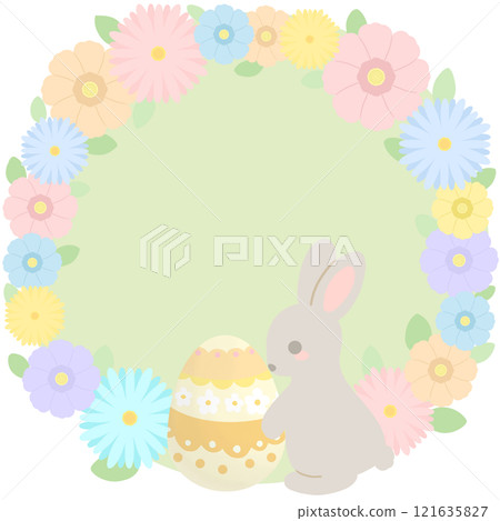 Easter illustration with Easter eggs, rabbits and flowers 121635827