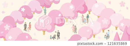 橫幅框等距人家庭兒童春天櫻花賞櫻花背景插畫素材 121635869
