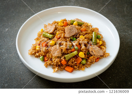 pork fried rice on white plate pork fried rice on white plate 121636009