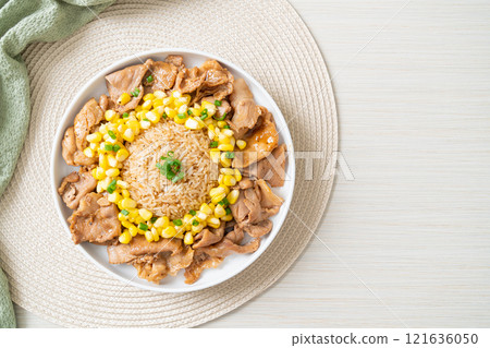 fried rice with pork sliced and corn 121636050