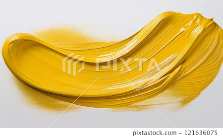 A vivid and textured yellow paint stroke on a smooth background, showcasing a glossy finish and bold curves. Perfect for art, design projects, or advertisements highlighting energy and creativity 121636075