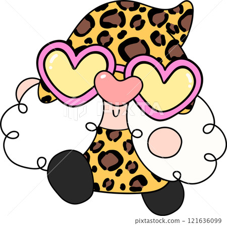 Groovy Leopard Gnome Cartoon with Heart Glasses in Bold Hand Drawn Style 121636099