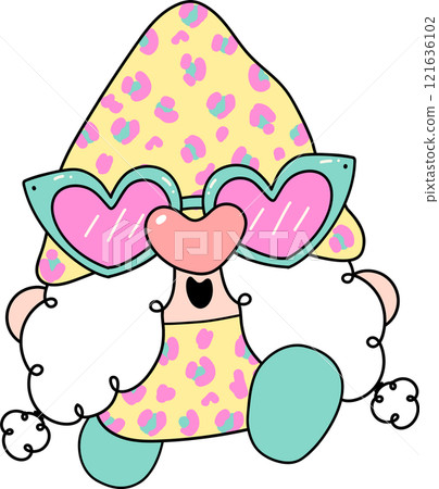 Colorful Groovy  Leopard Gnome Cartoon with Heart Glasses in Bold Hand Drawn Style 121636102