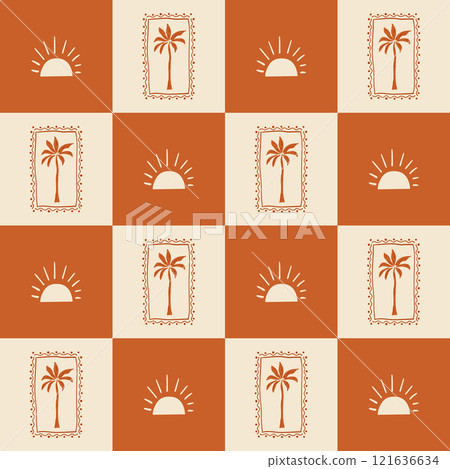 Brown checkered summer tropical seamless pattern with palm tree and sun. Vector geometric beach print. 121636634