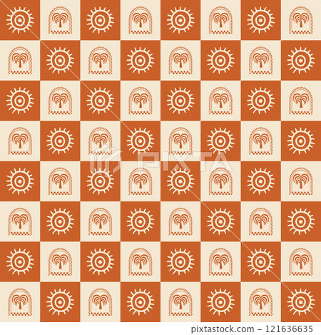 Brown checkered summer tropical seamless pattern with palm tree and sun. Vector hand drawn beach print. Brown checkered summer tropical seamless pattern with palm tree and sun. Vector hand drawn beach print. 121636635