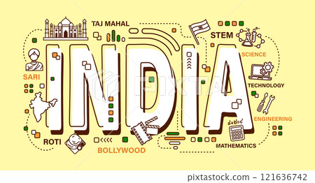 India . Word and outline icon on solid color background . Vector . 121636742