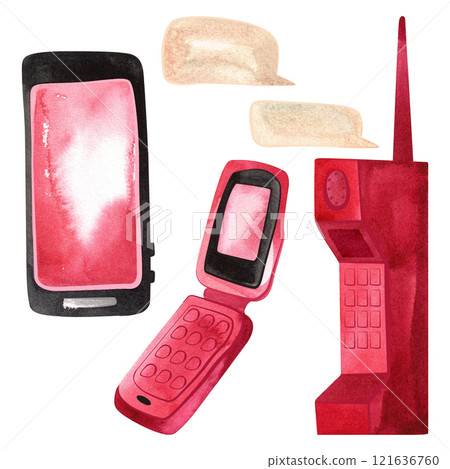 Set of glamorous pink phones from different years: mobile from the 90s, flip phone from the 2000s, modern smartphone. Isolated watercolor illustration. 121636760
