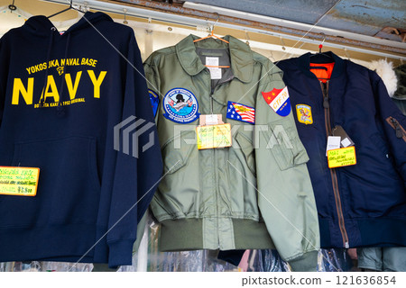 Military jackets on display at Dobuita Street in Yokosuka 121636854