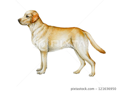 Golden labrador retriever dog realistic detailed illustration on white background. Hand drawn cute doggy side view. Perfect for pet-themed designs, animal decor and gifts for dog lovers 121636950