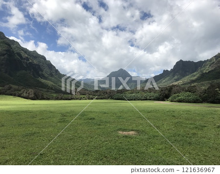 Vast grasslands and mountains 121636967