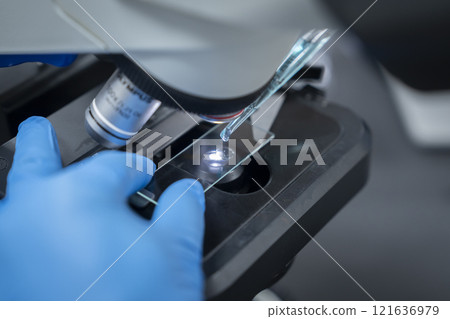 Experiment/research image: Researcher placing liquid on a glass slide Experiment/research image: Researcher placing liquid on a glass slide 121636979