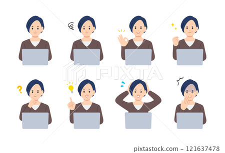 A set of middle-aged women with various expressions and poses while looking at a computer [People vector illustration material] 121637478