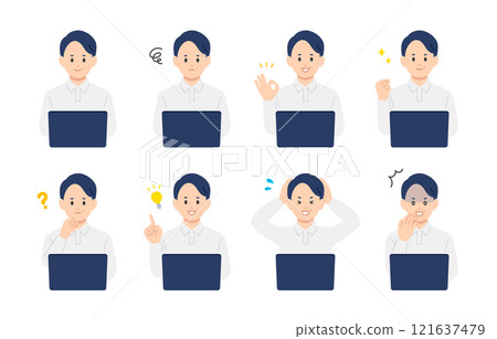 A set of middle-aged men with various expressions and poses while looking at a computer [People vector illustration material] 121637479