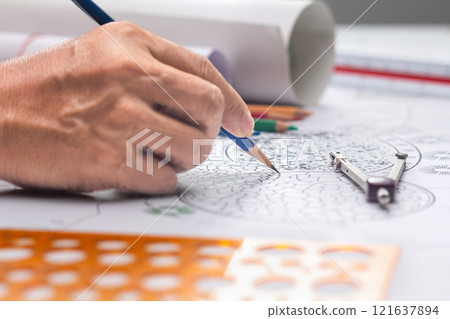 Landscape architect student learning design patio garden plan. 121637894