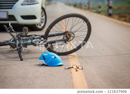 Accident car crash with bicycle on road because drunk driving. 121637906